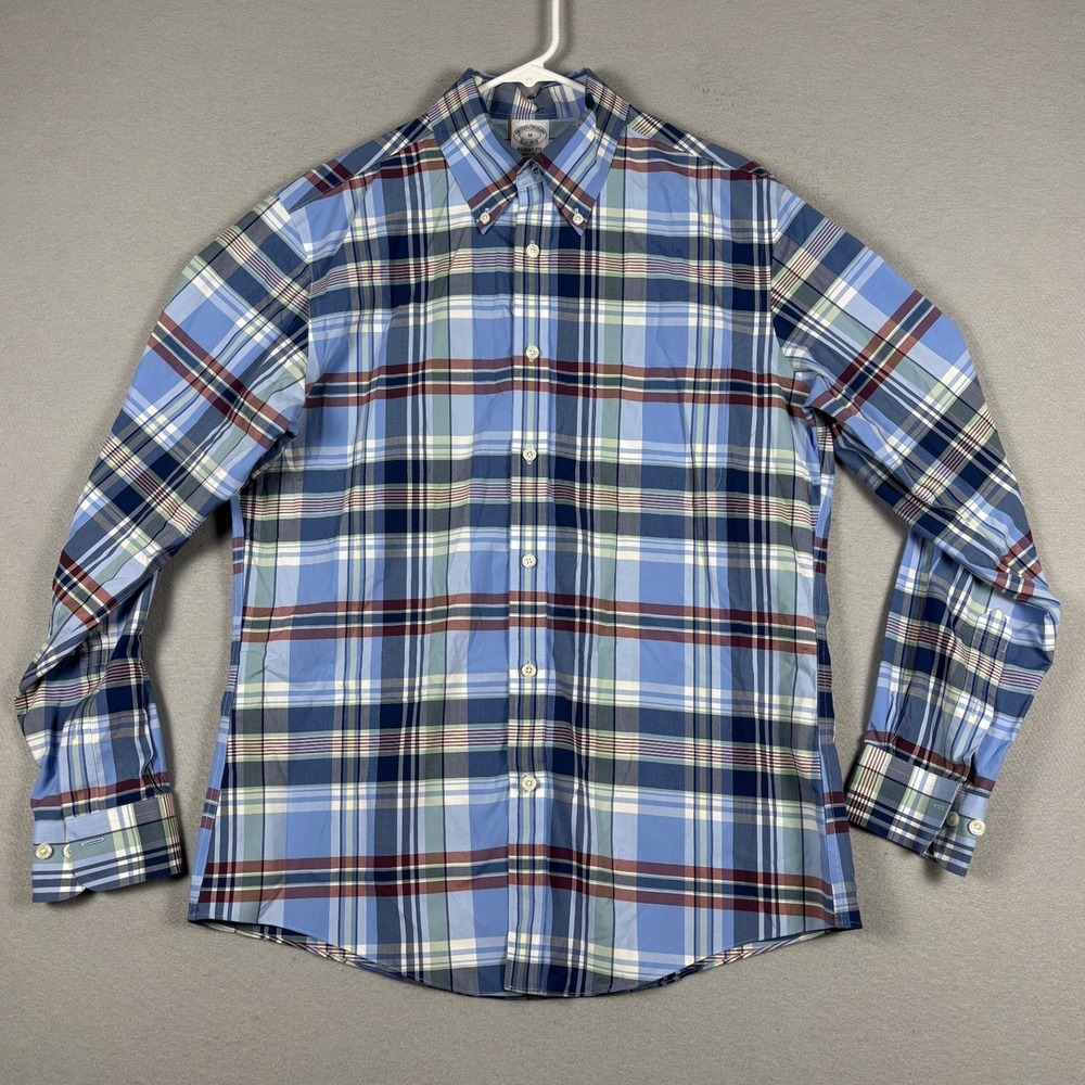 Brooks Brothers Regent Fit Plaid Button Down Shirt Size M Blue Non-Iron Stretch